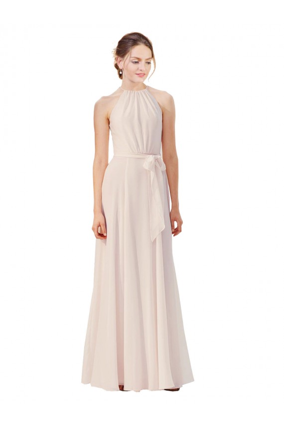 Rose crème Trapèze Bateau Col Haut Mousseline Longue Robes demoiselle d'honneur Pas Chère
