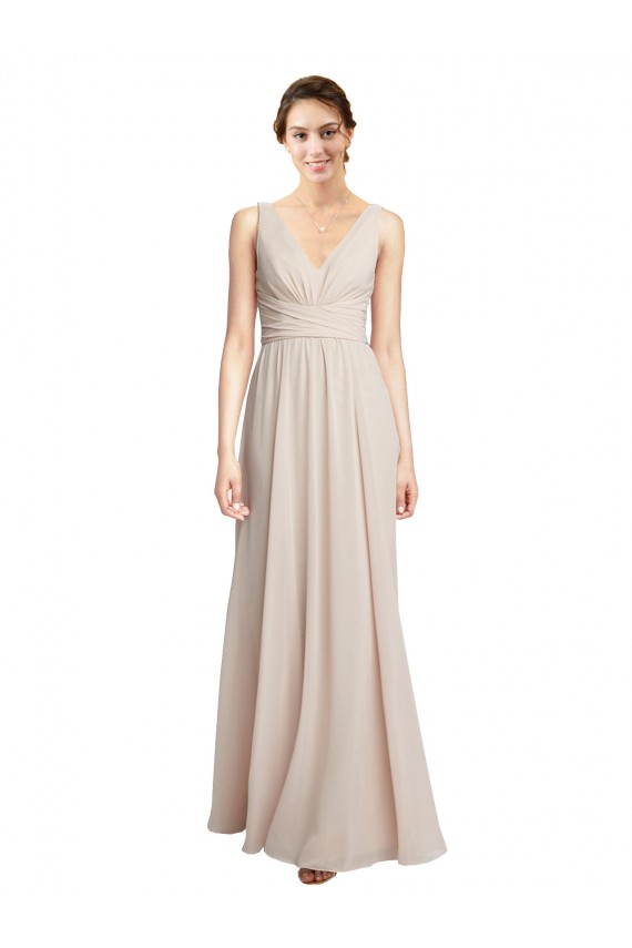 Rose crème Trapèze Col V Mousseline Longue Robes demoiselle d'honneur Pas Chère