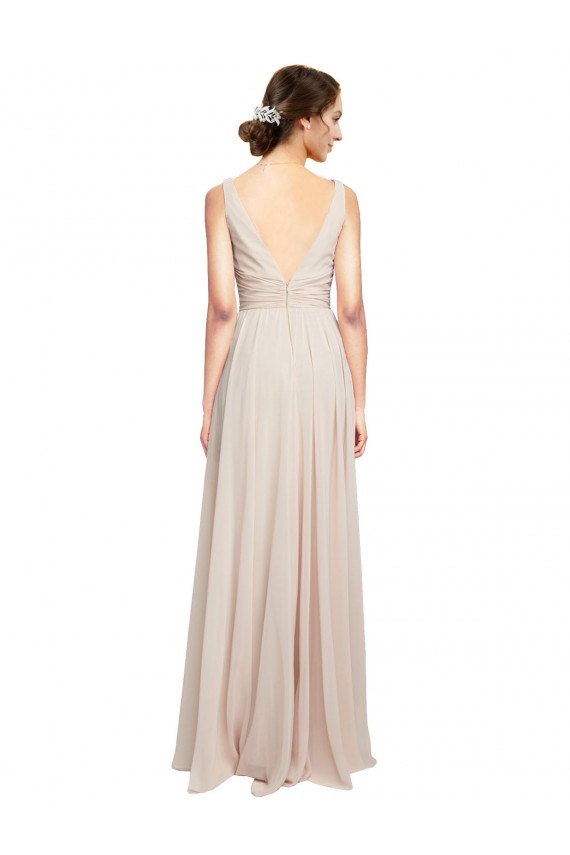 Rose crème Trapèze Col V Mousseline Longue Robes demoiselle d'honneur Pas Chère