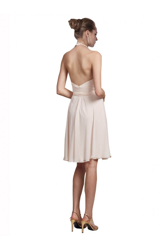 Rose crème Trapèze Licou Col V Mousseline Courte Robes demoiselle d'honneur / Robes de cocktail Pas Chère