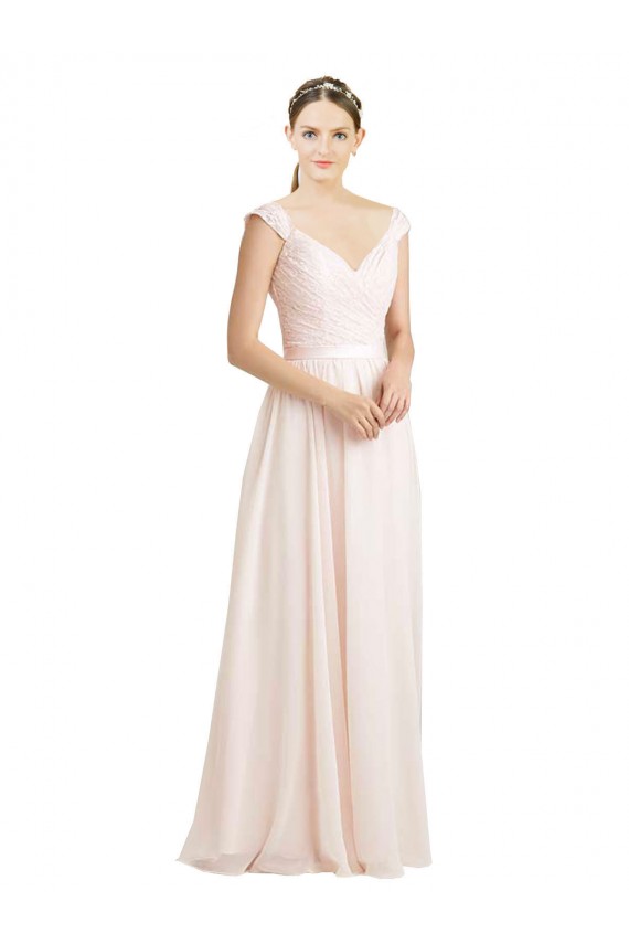 Rose crème Trapèze Mousseline Dentelle Longue Robes demoiselle d'honneur Pas Chère