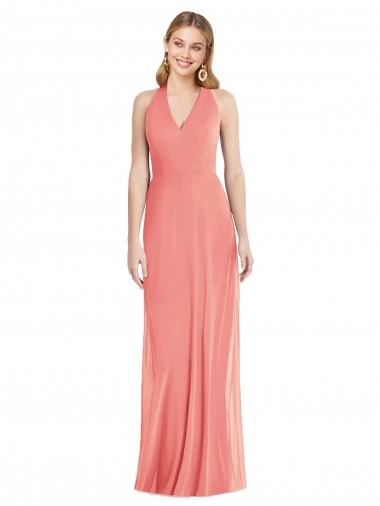 Rose du Désert Trompette Licou Col V Mousseline Longue Formelles Robes demoiselle d'honneur / Robes de soirée Pas Chre