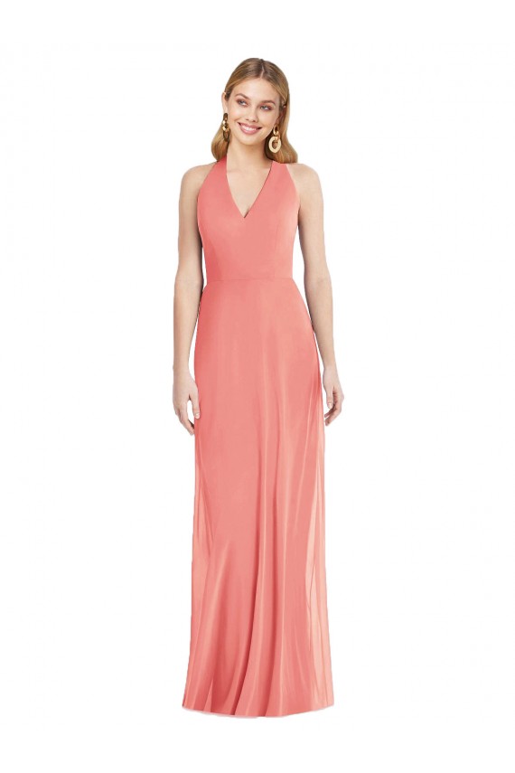 Rose du Désert Trompette Licou Col V Mousseline Longue Formelles Robes demoiselle d'honneur / Robes de soirée Pas Chère