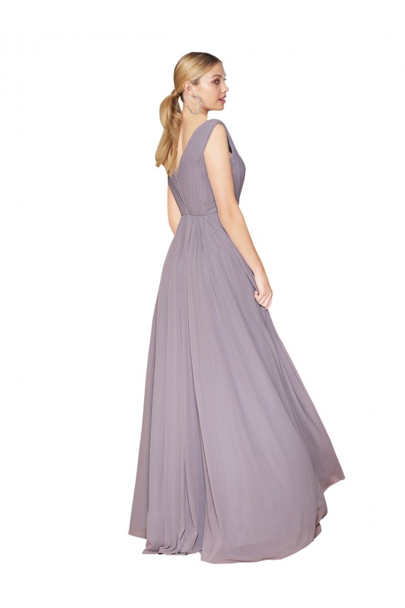 Rose poudré Trapèze Col V Mousseline Longue Formelles Robes demoiselle d'honneur / Robes de soirée / Robes de bal Pas Chère
