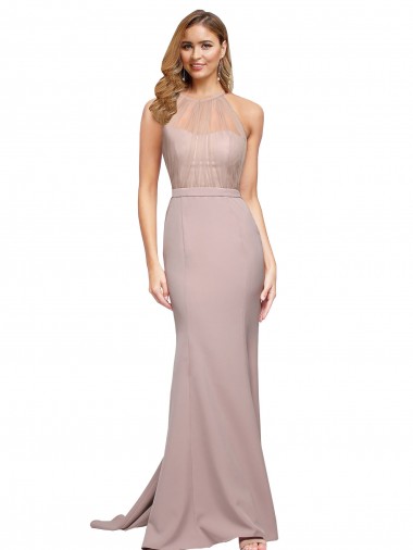 Rose poussiéreux Fourreau Col Haut Balayage train Crêpe Stretch Longue Formelles Robes demoiselle d'honneur / Robes de soirée / Robes de bal Pas Chre