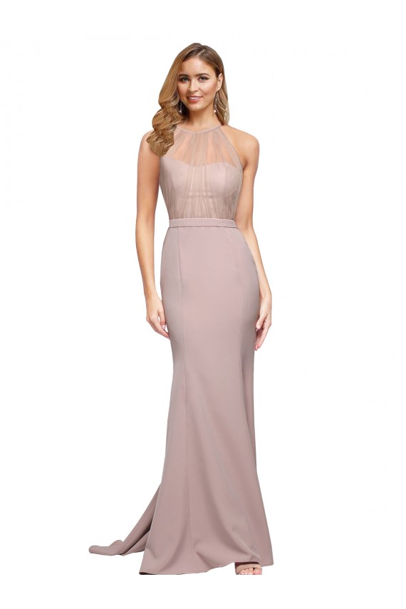 Rose poussiéreux Fourreau Col Haut Balayage train Crêpe Stretch Longue Formelles Robes demoiselle d'honneur / Robes de soirée / Robes de bal Pas Chère