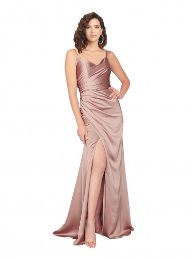 Rose poussiéreux Fourreau Col V Satiné Soyeux Longue Formelles Robes demoiselle d'honneur / Robes de soirée / Robes de bal Pas Chre