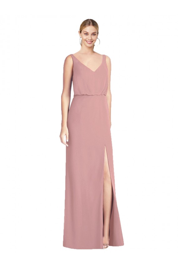 Rose poussiéreux Sirène Col V Mousseline Longue Robes demoiselle d'honneur Pas Chère