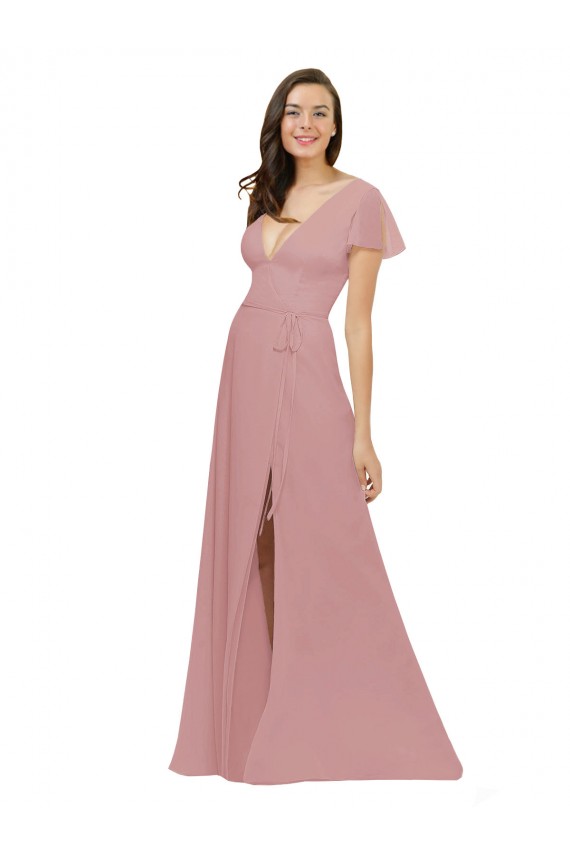 Rose poussiéreux Trapèze Col V Mousseline Longue Robes demoiselle d'honneur Pas Chère