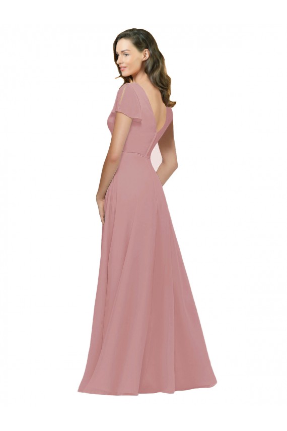 Rose poussiéreux Trapèze Col V Mousseline Longue Robes demoiselle d'honneur Pas Chère