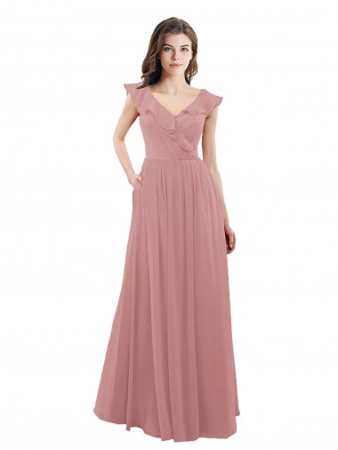 Rose poussiéreux Trapèze Col V Mousseline Longue Robes demoiselle d'honneur Pas Chre