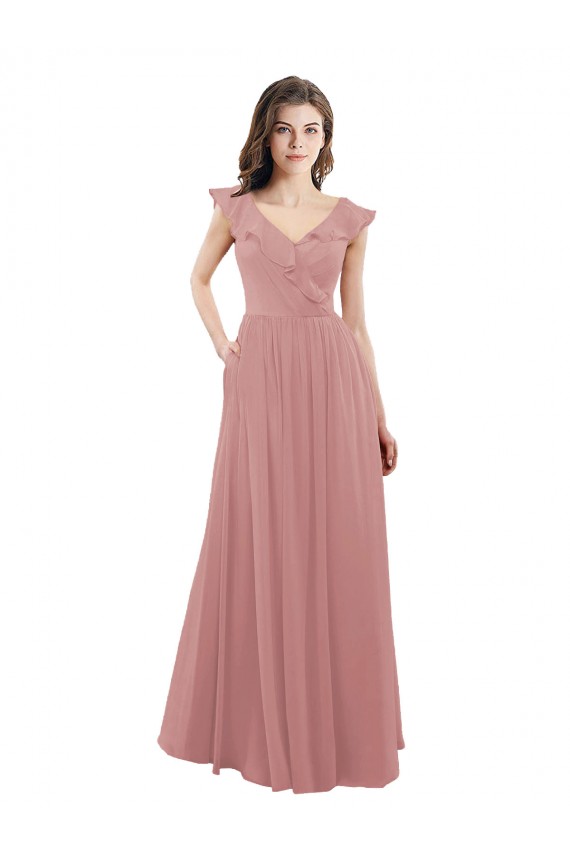 Rose poussiéreux Trapèze Col V Mousseline Longue Robes demoiselle d'honneur Pas Chère