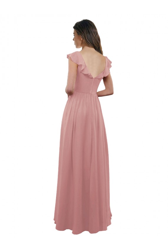Rose poussiéreux Trapèze Col V Mousseline Longue Robes demoiselle d'honneur Pas Chère