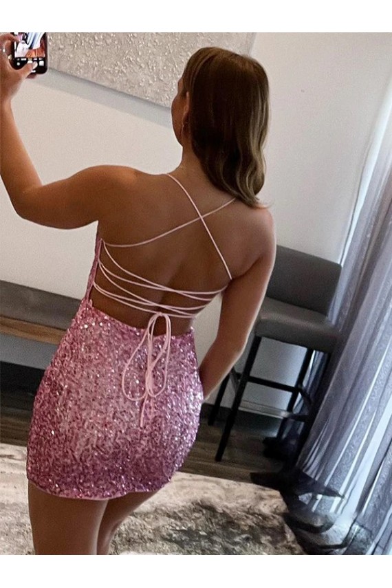 Rose vif Fourreau Bretelles spaghetti Courte Paillettes Velours Courte Robes de bal Pas Chère