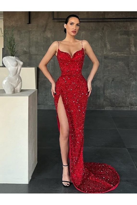 Rouge Fourreau Col V Balayage train Paillettes Velours Longue Robes de bal Pas Chère