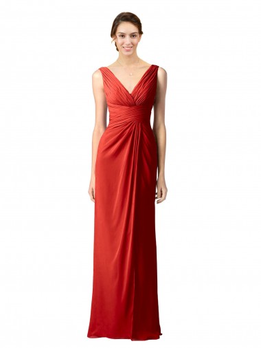Rouge Fourreau Col V Mousseline Longue Robes demoiselle d'honneur Pas Chre