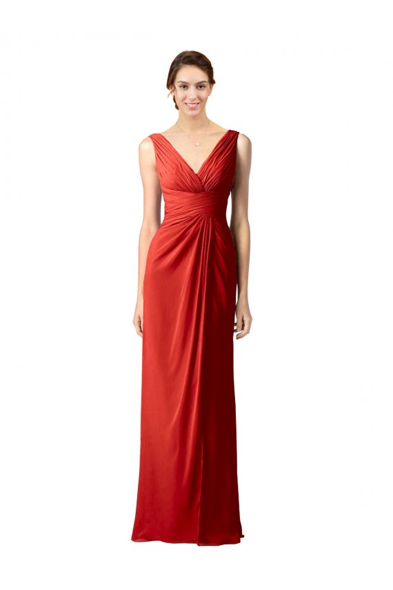Rouge Fourreau Col V Mousseline Longue Robes demoiselle d'honneur Pas Chère