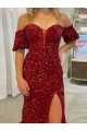 Rouge Fourreau Épaule Dénudée Traîne moyenne Paillettes Velours Longue Robes de bal Pas Chère