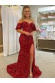 Rouge Fourreau Épaule Dénudée Traîne moyenne Paillettes Velours Longue Robes de bal Pas Chère
