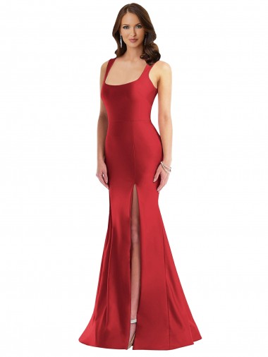 Rouge Sirène Col Carré Satiné Soyeux Longue Formelles Robes demoiselle d'honneur / Robes de soirée / Robes de bal Pas Chre