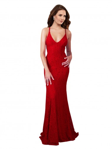Rouge Sirène Col V Dentelle Longue Formelles Robes demoiselle d'honneur / Robes de soirée / Robes de bal Pas Chre
