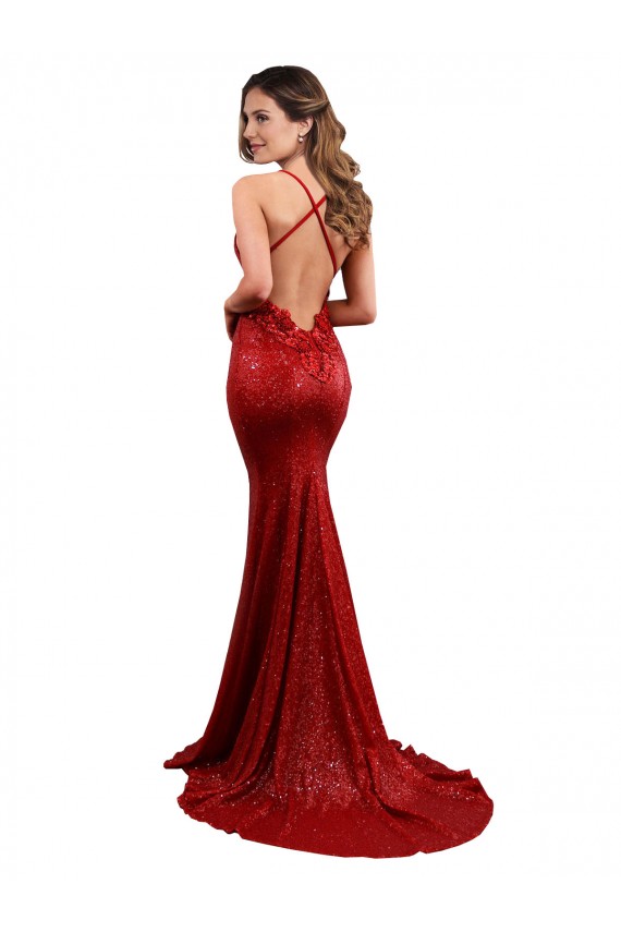 Rouge Sirène Col V Paillette Longue Formelles Robes demoiselle d'honneur / Robes de soirée / Robes de bal Pas Chère