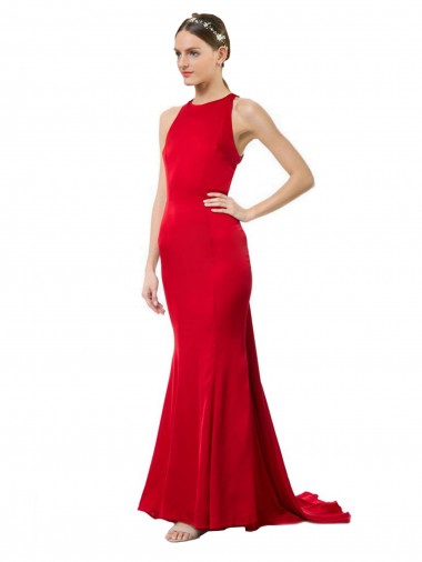 Rouge Sirène Licou Col Haut Crêpe Stretch Longue Formelles Robes demoiselle d'honneur / Robes de soirée / Robes de bal Pas Chre