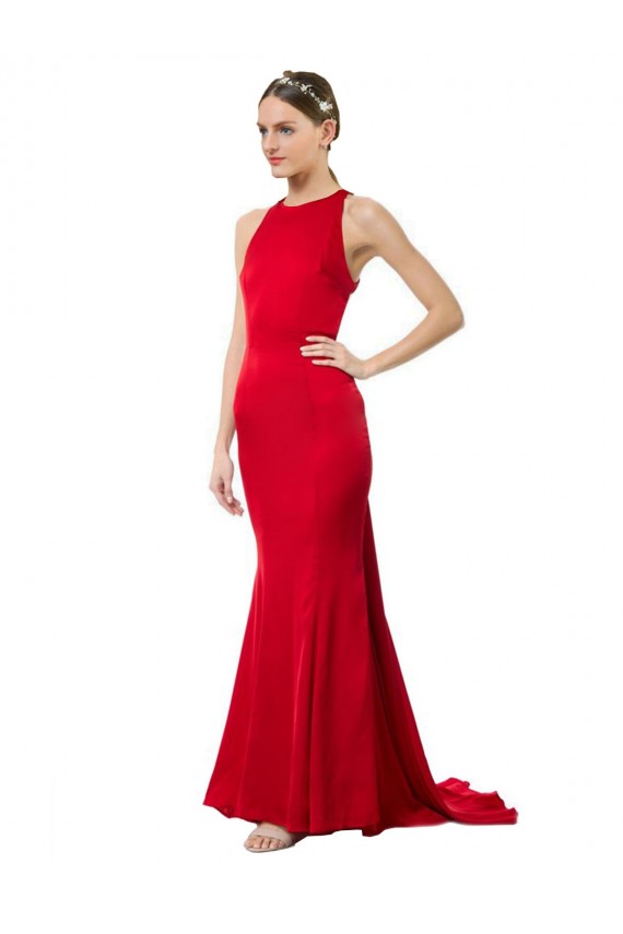 Rouge Sirène Licou Col Haut Crêpe Stretch Longue Formelles Robes demoiselle d'honneur / Robes de soirée / Robes de bal Pas Chère