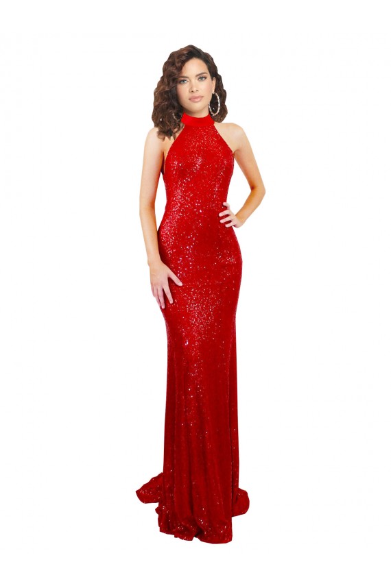Rouge Sirène Licou Col Haut Paillette Longue Formelles Robes demoiselle d'honneur / Robes de soirée / Robes de bal Pas Chère