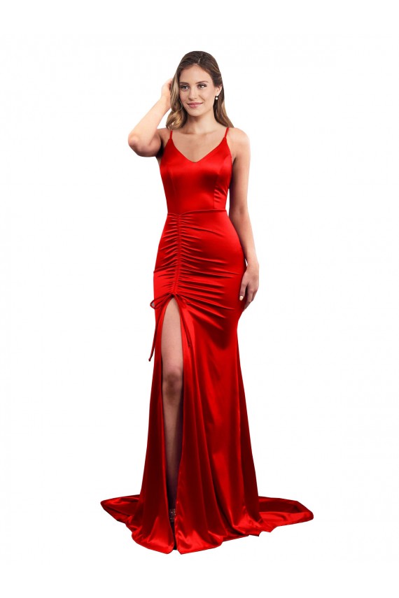 Rouge Sirène Satiné Stretch Longue Formelles Robes demoiselle d'honneur / Robes de soirée / Robes de bal Pas Chère