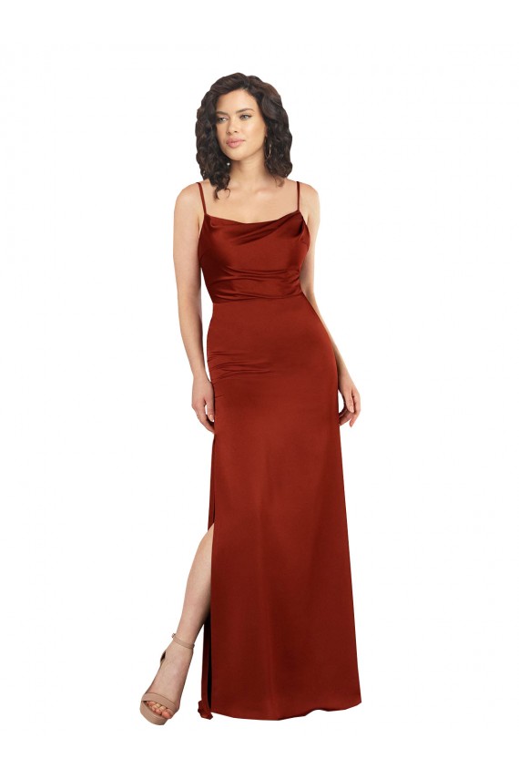 Rouge Trapèze Bretelles spaghetti Col Carré Satiné Soyeux Longue Formelles Robes demoiselle d'honneur / Robes de soirée / Robes de bal Pas Chère