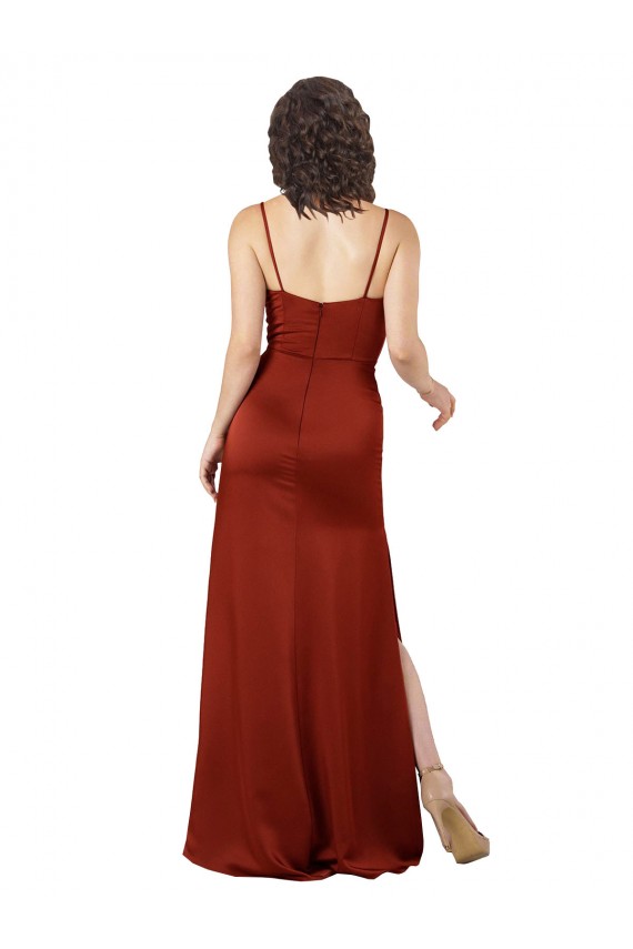 Rouge Trapèze Bretelles spaghetti Col Carré Satiné Soyeux Longue Formelles Robes demoiselle d'honneur / Robes de soirée / Robes de bal Pas Chère
