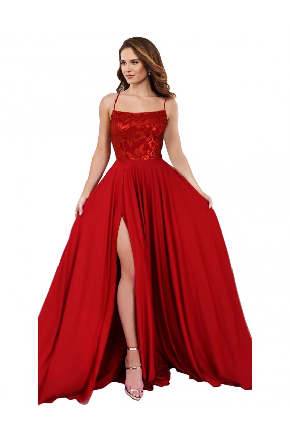 Rouge Trapèze Bretelles spaghetti Col Carré Spandex Dentelle Longue Robes demoiselle d'honneur / Robes de bal Pas Chère