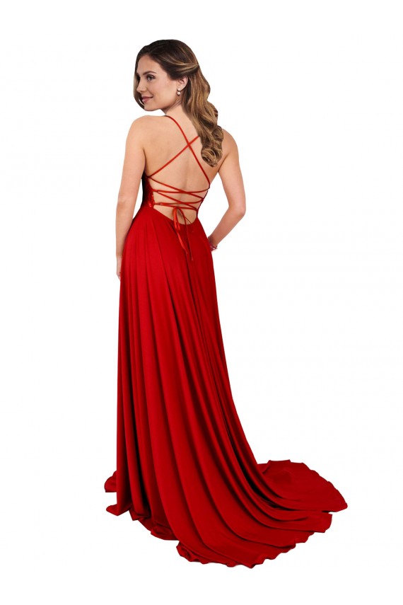 Rouge Trapèze Bretelles spaghetti Col Carré Spandex Dentelle Longue Robes demoiselle d'honneur / Robes de bal Pas Chère