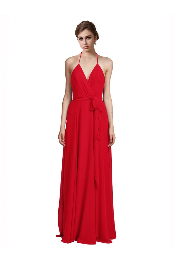 Rouge Trapèze Bretelles spaghetti Col V Mousseline Longue Robes demoiselle d'honneur Pas Chère