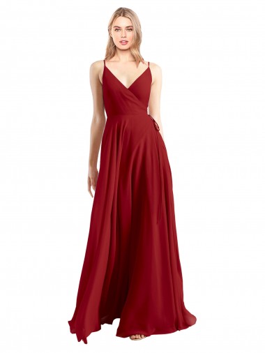 Rouge Trapèze Bretelles spaghetti Col V Mousseline Longue Robes demoiselle d'honneur Pas Chre