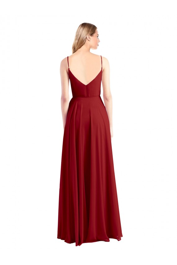 Rouge Trapèze Bretelles spaghetti Col V Mousseline Longue Robes demoiselle d'honneur Pas Chère
