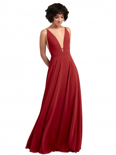 Rouge Trapèze Col V Mousseline Longue Robes demoiselle d'honneur Pas Chre