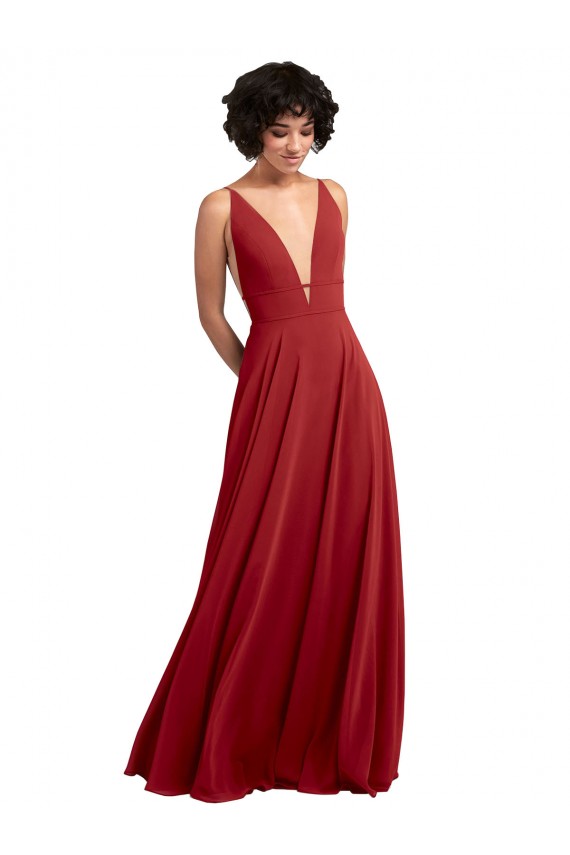Rouge Trapèze Col V Mousseline Longue Robes demoiselle d'honneur Pas Chère