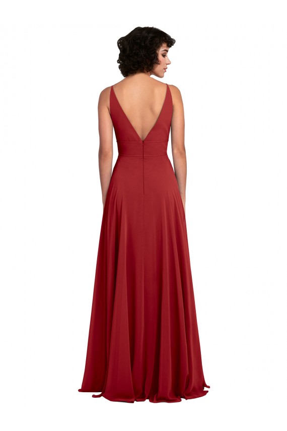 Rouge Trapèze Col V Mousseline Longue Robes demoiselle d'honneur Pas Chère