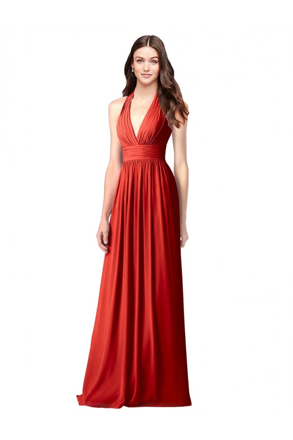 Rouge Trapèze Licou Col V Mousseline Longue Robes demoiselle d'honneur Pas Chère