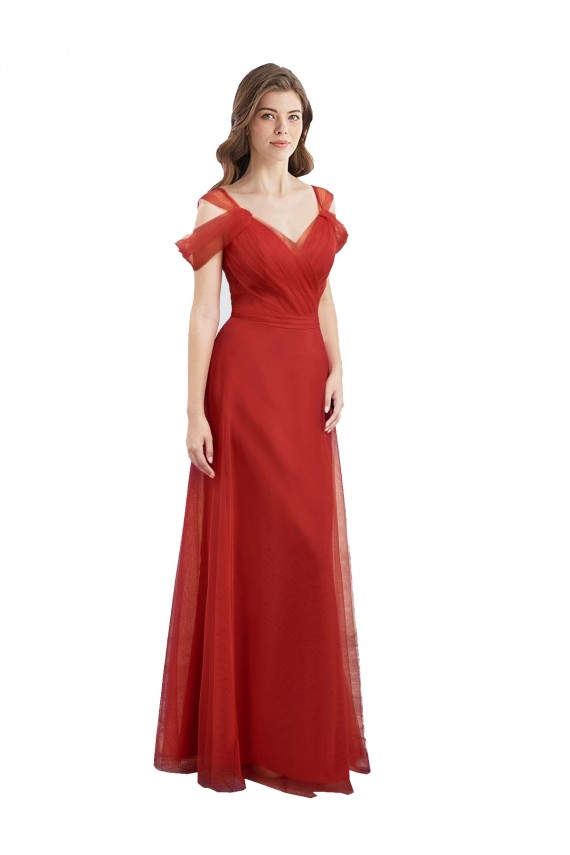 Rouge Trapèze Tulle Longue Robes demoiselle d'honneur Pas Chère