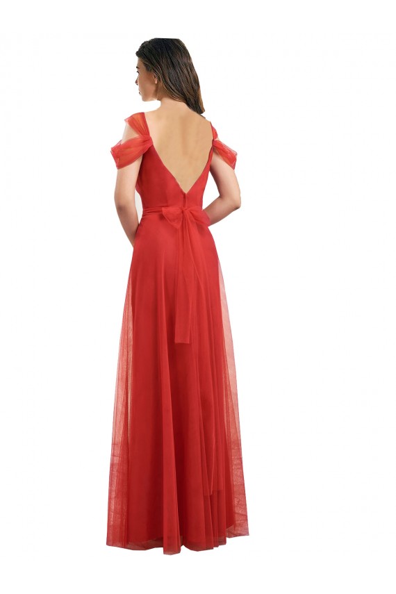 Rouge Trapèze Tulle Longue Robes demoiselle d'honneur Pas Chère