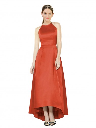 Rouge Épice Trapèze Licou Satiné Longue Asymétrique Robes demoiselle d'honneur Pas Chre