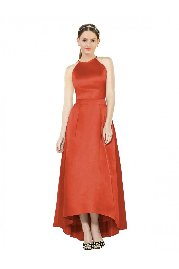 Rouge Épice Trapèze Licou Satiné Longue Asymétrique Robes demoiselle d'honneur Pas Chère