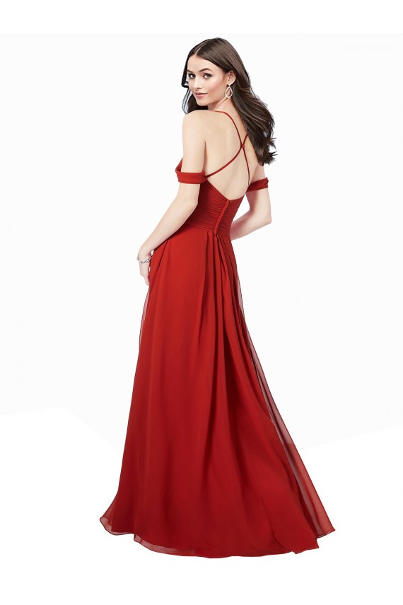 Rouge foncé Trapèze Col V Mousseline Longue Robes demoiselle d'honneur Pas Chère