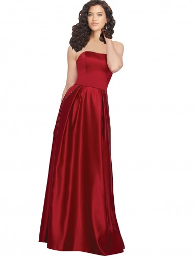 Rouge foncé Trapèze Sans bretelle Satiné Longue Robes demoiselle d'honneur / Robes de bal Pas Chre