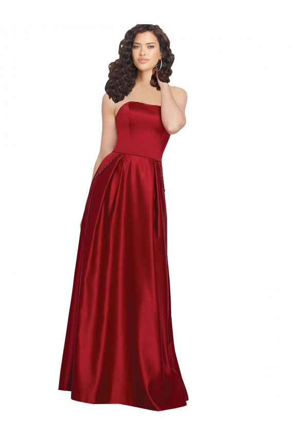 Rouge foncé Trapèze Sans bretelle Satiné Longue Robes demoiselle d'honneur / Robes de bal Pas Chère