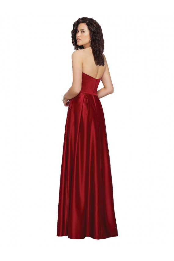 Rouge foncé Trapèze Sans bretelle Satiné Longue Robes demoiselle d'honneur / Robes de bal Pas Chère