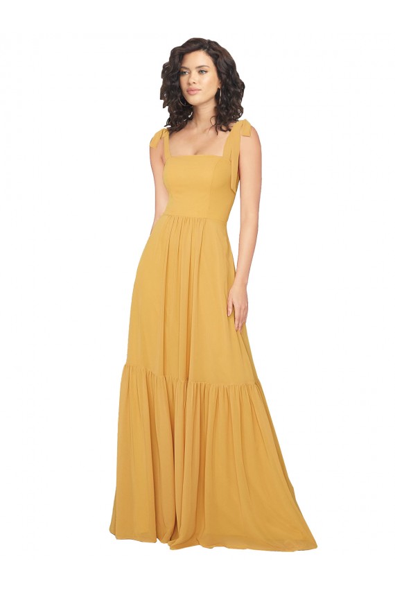 Safran Trapèze Col Carré Mousseline Longue Robes demoiselle d'honneur Pas Chère